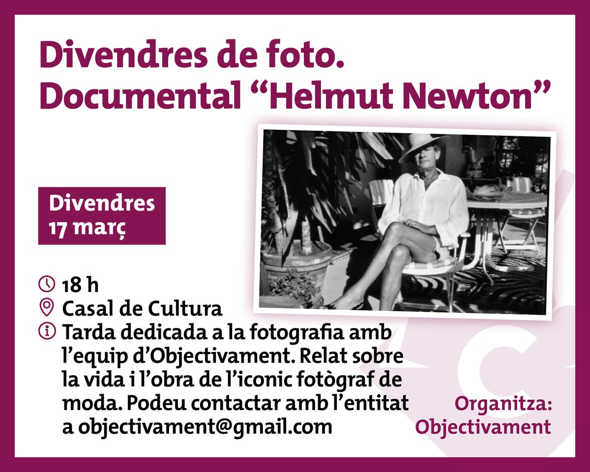 collbato's tweet photo. 🗓 Agenda #Collbató
👉Divendres de foto - Documental “Helmut Newton”
🗓 17 de març
⏰ 18 h
📍 Casal de Cultura
👉A càrrec d’Objectivament
#Collbató #CollbatóCulturaSegura #Objectivament https://t.co/rEMbfnuR8g