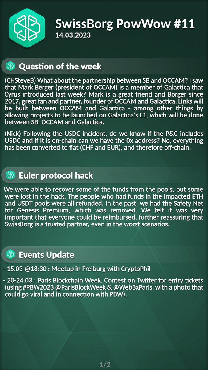 nicokonut's tweet photo. #SwissBorg PowWow #11 (🇫🇷 + 🇬🇧 recap) - 14.03.2023
#WeAreSwissBorg $CHSB #CHSB $BTC $ETH #Yodl #NousSommesSwissBorg #Thematics #Launchpad #SeriesA
Shout-out to @AminLams 💚🍀 https://t.co/PGmpwfiuJ8