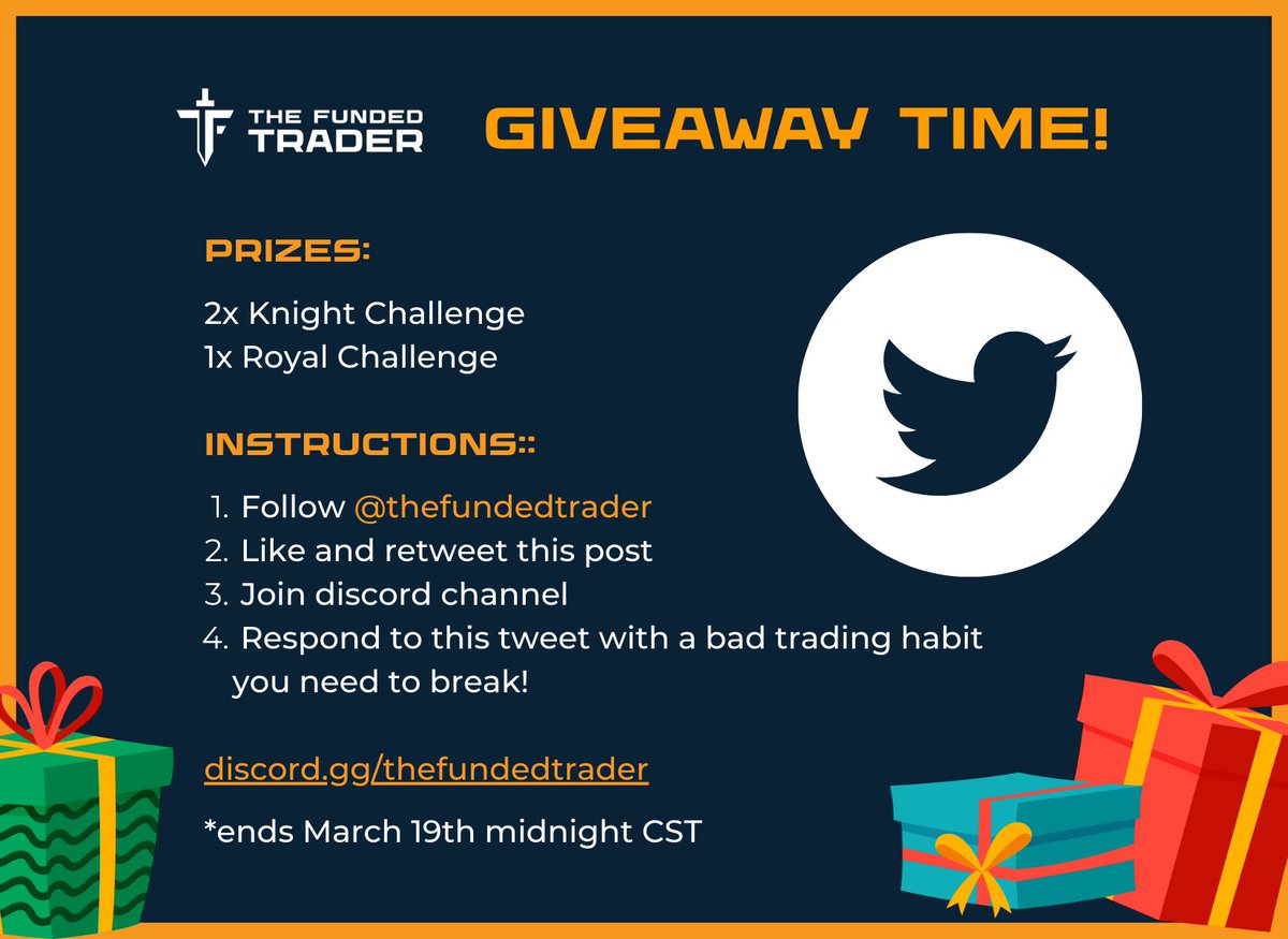 thefundedtrader's tweet photo. Twitter Exclusive Giveaways are here! 

We are giving away 3x accounts! 

2x Knight’s Challenge
1x Royal Challenge

Follow the instructions below ⤵️ 

https://t.co/c8s8XMv4xf https://t.co/VNVr3q95hi