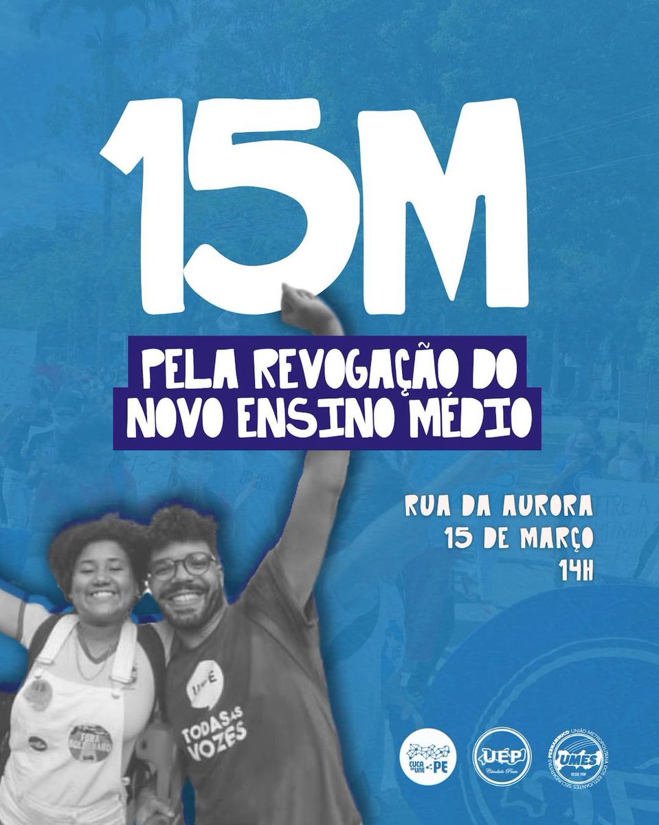 ufpe_dce's tweet photo. AMANHÃ É DIA DE LUTA!!

ESTUDANTES NA RUA PELA REVOGAÇÃO DO NOVO ENSINO MÉDIO! 

Nós temos um encontro marcado nesse dia de mobilização nacional pela revogação do NEM! 

Nesse 15M, nossa aula será na Rua às 14:00 horas na Rua da aurora (em frente ao Ginásio Pernambucano). https://t.co/GOxg4bapng