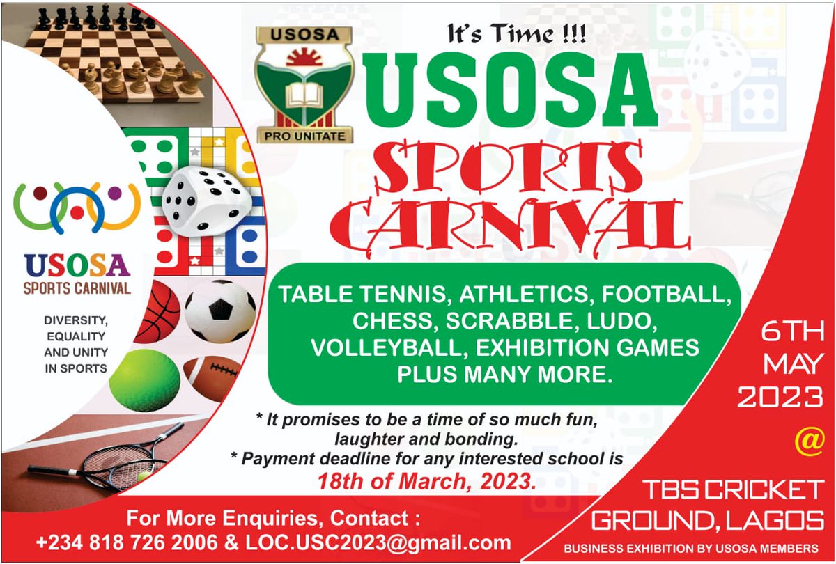 USOSAonline's tweet photo. USOSA Sports Carnival is almost here!!!

Are you a vendor?

Can you offer any off the listed services?

Has your school registered?

For enquiries, call the numbers on the fliers. https://t.co/wdcmUKAVPP