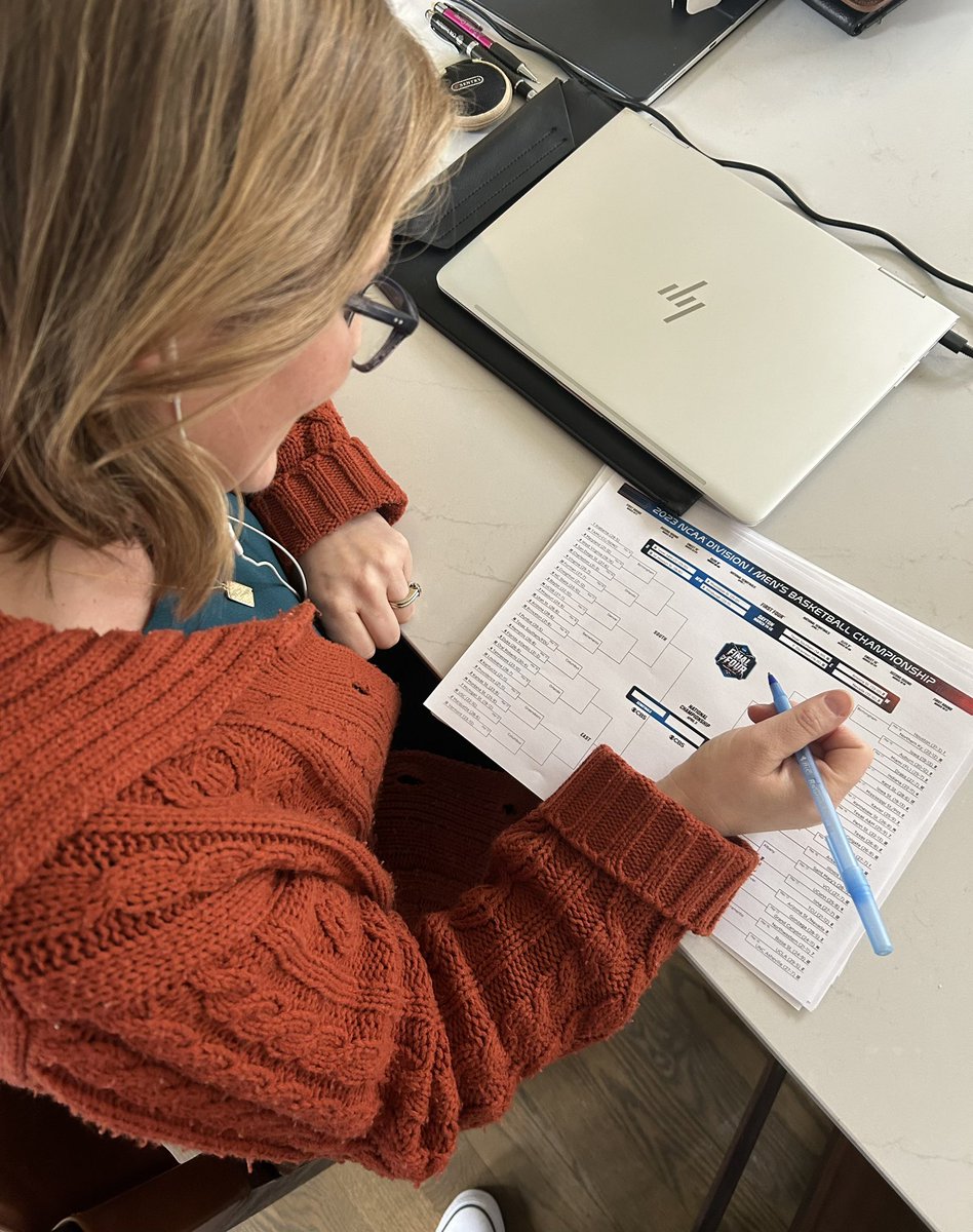Taking a break from phone calls to fill out my bracket! Who do you have in the Final Four? #MarchMadness