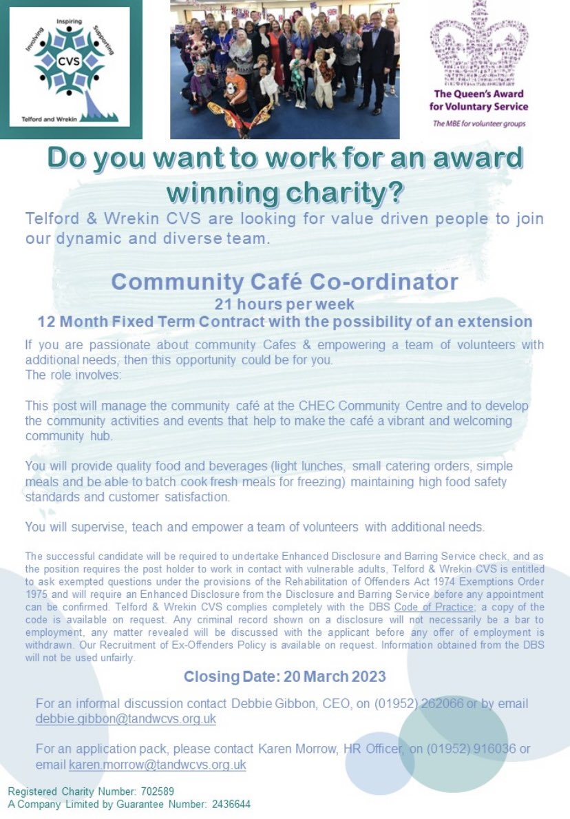 A wonderful fulfilling role. Our community cafe is like no other. If you want job satisfaction, enjoy seeing people grow and are enthusiastic about seeing people achieve this is the role for you. Deadline for applications is 20 March 2023