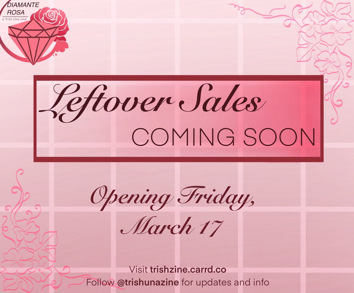 Exciting news ✨🌸 
Diamante Rosa's shop is opening once more for Leftover sales this Friday!! 
More info will be announced soon. Take a look at our Carrd for updated FAQ answers: trishzine.carrd.co