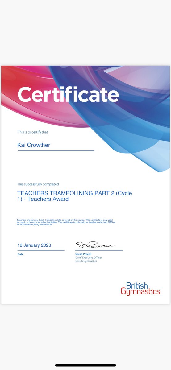 Happy to have received my Teachers Trampolining Level 2 Award!
(Only just found how to get the certificate 👀) 
#Britishgymnastics
#Trampolining
#PGCE