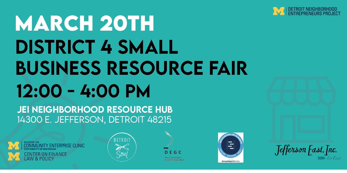Join us for the district 4 small business resource fair! Interactive legal workshops by @michiganlaw students; an SEO presentation by the @JEI-@Umich_dnep tech workers, and consultations with @accountingaidsociety, Kenzie Current of <a href="/degc/">Rhett Pena</a>. FREE. Register: eventbrite.com/e/detroit-dist…