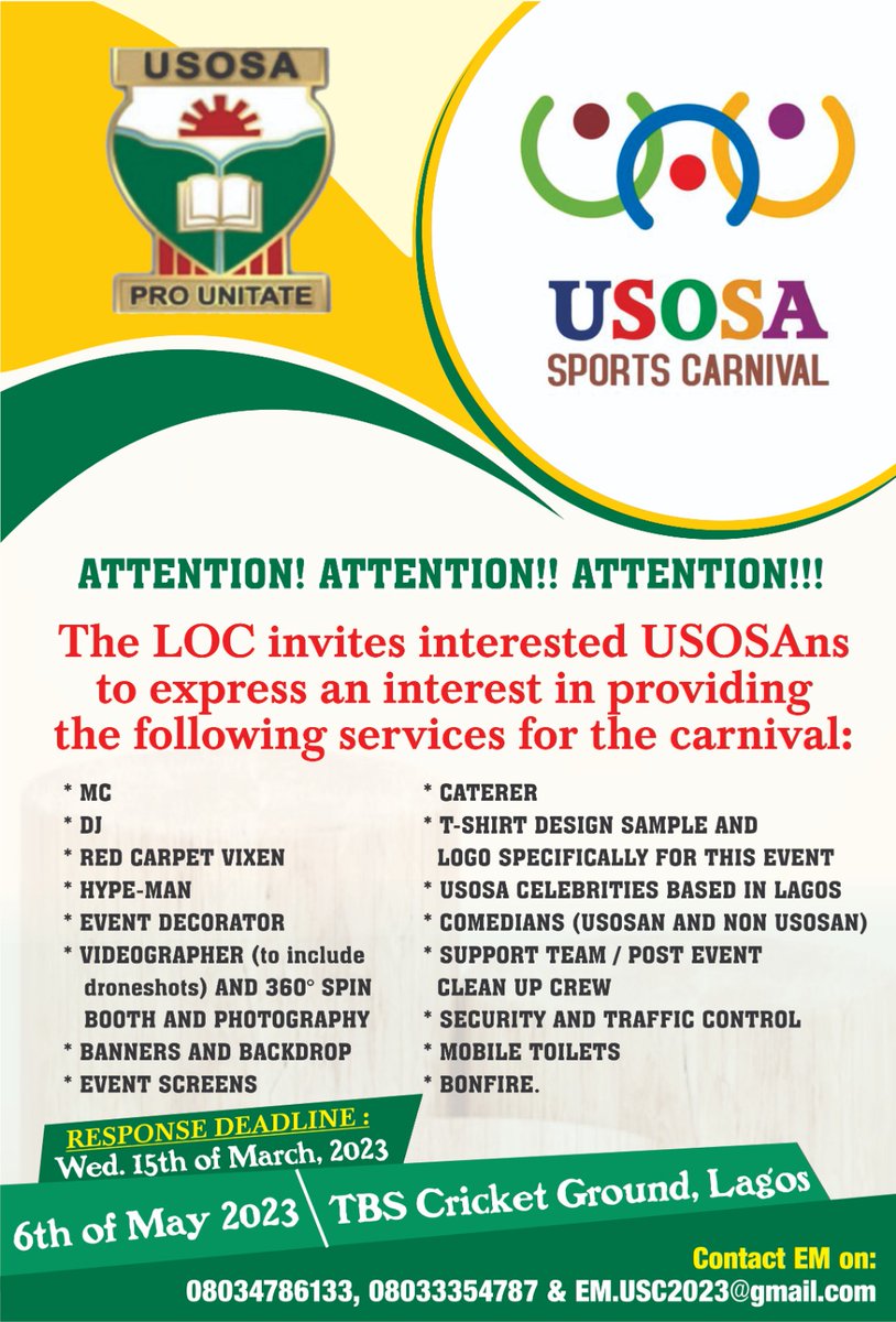 USOSAonline's tweet photo. USOSA Sports Carnival is almost here!!!

Are you a vendor?

Can you offer any off the listed services?

Has your school registered?

For enquiries, call the numbers on the fliers. https://t.co/wdcmUKAVPP