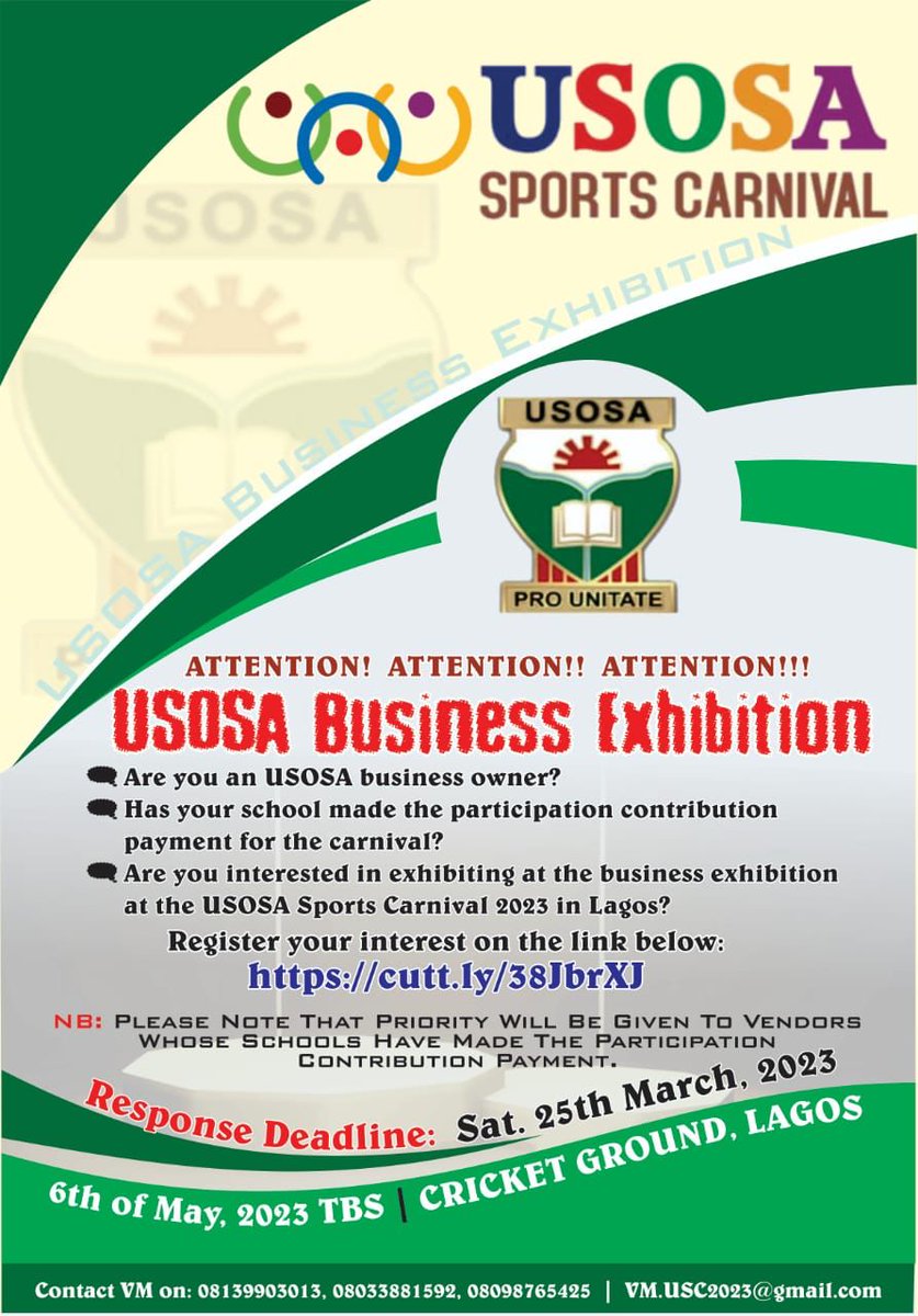USOSAonline's tweet photo. USOSA Sports Carnival is almost here!!!

Are you a vendor?

Can you offer any off the listed services?

Has your school registered?

For enquiries, call the numbers on the fliers. https://t.co/wdcmUKAVPP