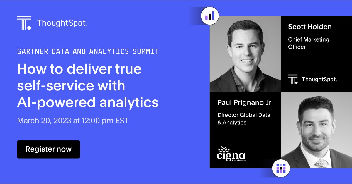 thoughtspot's tweet photo. Attending @Gartner_inc D&amp;A Orlando? Join Paul Prignano Jr. @Cigna and our own @scottiholden to learn how to embrace paradigm-shifting technologies like natural language search, #AI and #GPT to deliver true self-service #analytics.  
Details 👇https://t.co/eGfmkFtncy
#gartnerda https://t.co/Fs0cRtKn1S