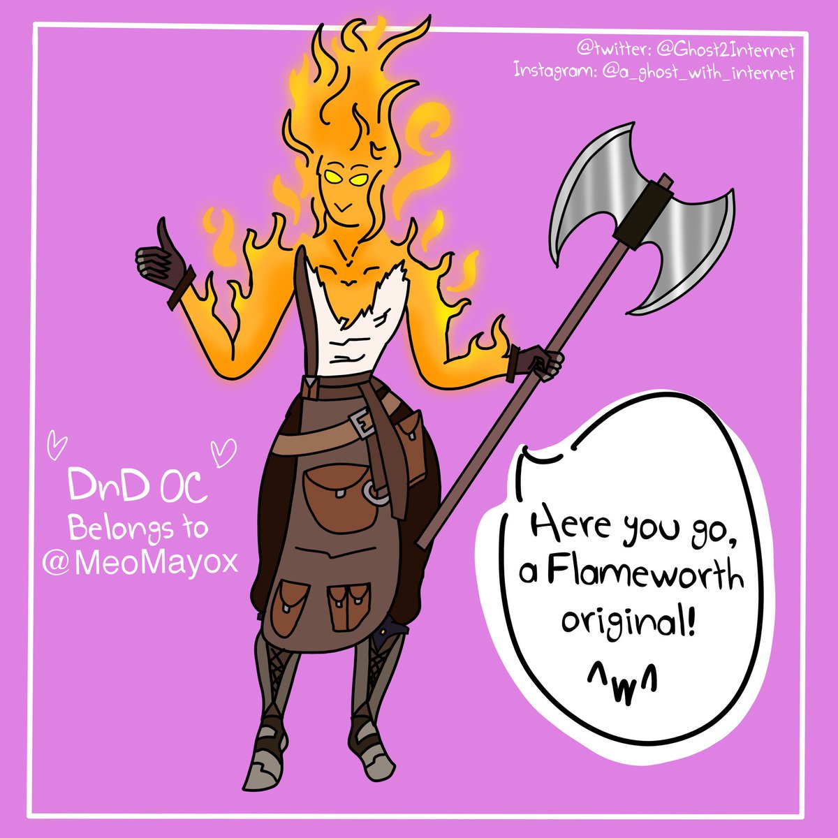 Drew some free fan art of <a href="/MeoMayox/">Meo - COMMS OPEN</a> ‘s DnD character.
I always love flame elementals in DnD and fantasy settings. 
#dnd #ocfanart #artgift #flameelemental #blacksmith #dungeonsanddragons #fanart