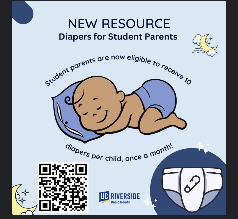While I’m glad to see @UCRiverside finally showing some institutional support for student parents, do the people who designed this initiative know that 10 diapers last like, 2 days? 🧐#supportstudentparents @Momademia