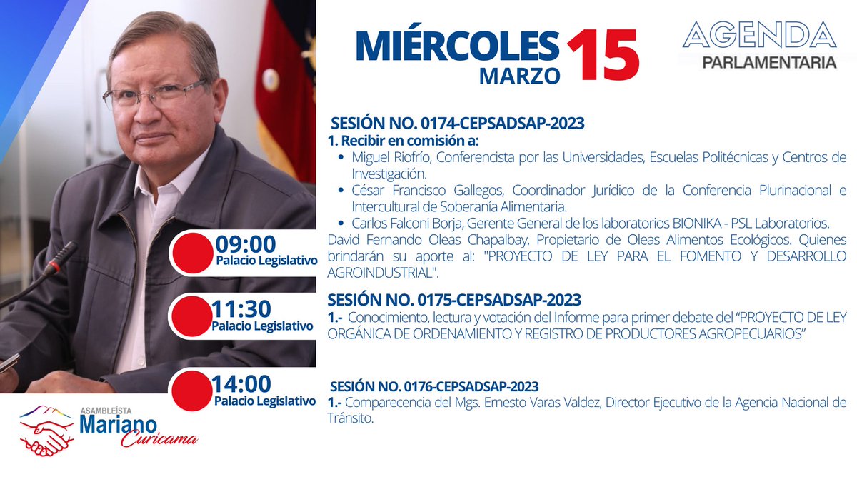 🔵🔴 #AgendaLegislativa 🔵🔴
Nuestra #Minga continua, comparto las actividades de nuestra agenda legislativa, del miércoles 15 de marzo de 2023.
.
.
#AsambleístaPorChimborazo
#MarianoCuricama
#Minga100