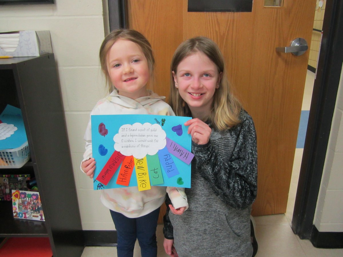 LauraHeuer13's tweet photo. Kinderbuddies - Leprechaun Style! Today our 4th grade kinderbuddies helped us figure out what we would ask a leprechaun for if we caught one! 200 puppies?✔️A unicorn?✔️A monster truck?✔️Gold?✔️ Now...just to find that leprechaun!🍀 #hlwwlakers #hlwwproud https://t.co/t2q68XzJb1