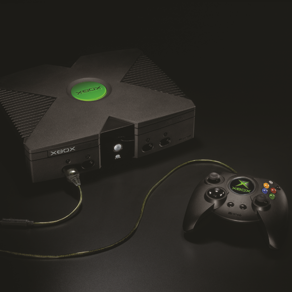 A dark image with the original Xbox console and controller displayed