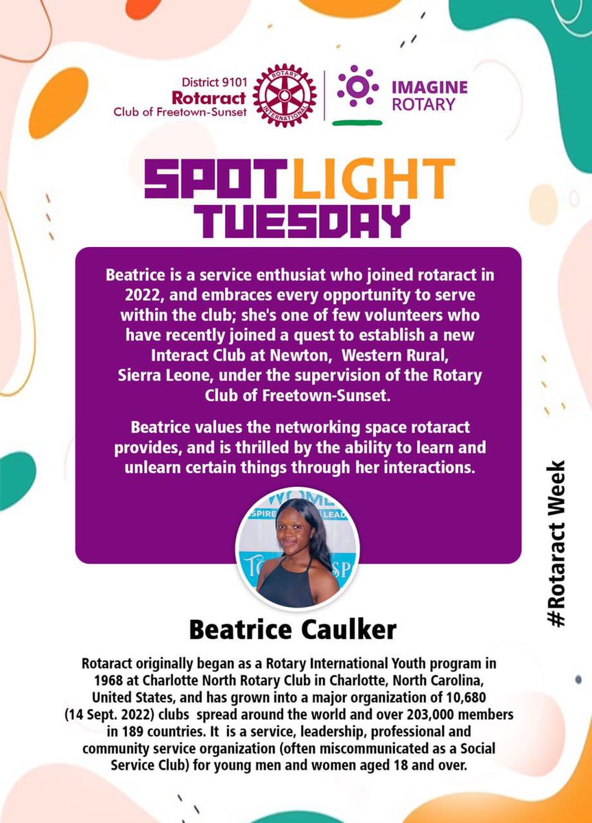 rcfs9101's tweet photo. SPOTLIGHT TUESDAY.💡
-
On the second day of WRW ‘23, the club brings to the light some of the front-burners who have made commendable strides in service and club development. 
-
We cherish our membership and pay keen attention to what Rotaractors make of their Rotaract journey. https://t.co/HRRC4Dp3uN