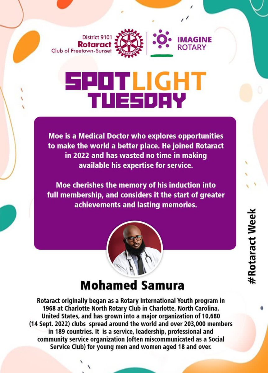 rcfs9101's tweet photo. SPOTLIGHT TUESDAY.💡
-
On the second day of WRW ‘23, the club brings to the light some of the front-burners who have made commendable strides in service and club development. 
-
We cherish our membership and pay keen attention to what Rotaractors make of their Rotaract journey. https://t.co/HRRC4Dp3uN