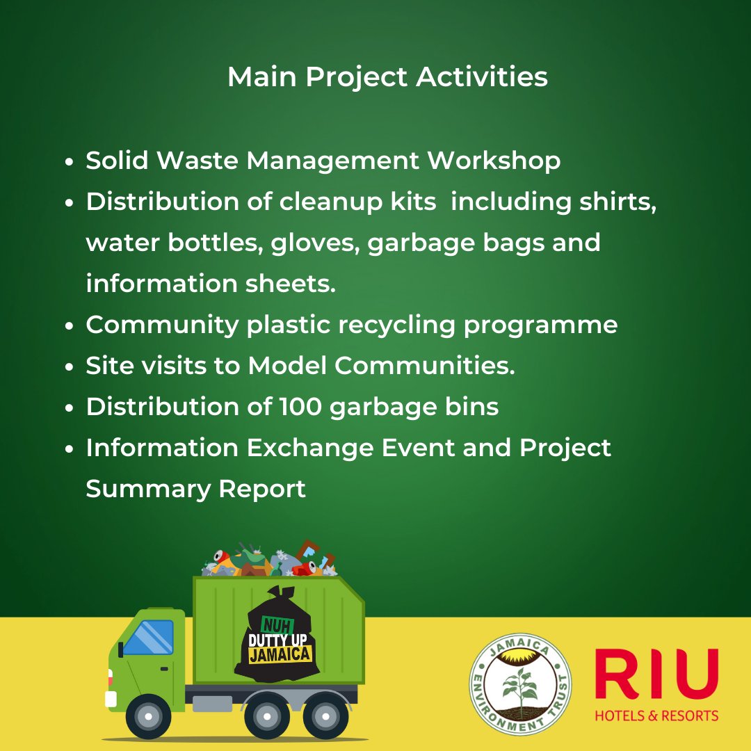 JET is pleased to announce it will embark on a new project supported by @RiuHoteles to improve waste management in the communities of Runaway Bay and Brown's Town, St. Ann.

#NuhDuttyUpJamaica #KeepWiIslandClean