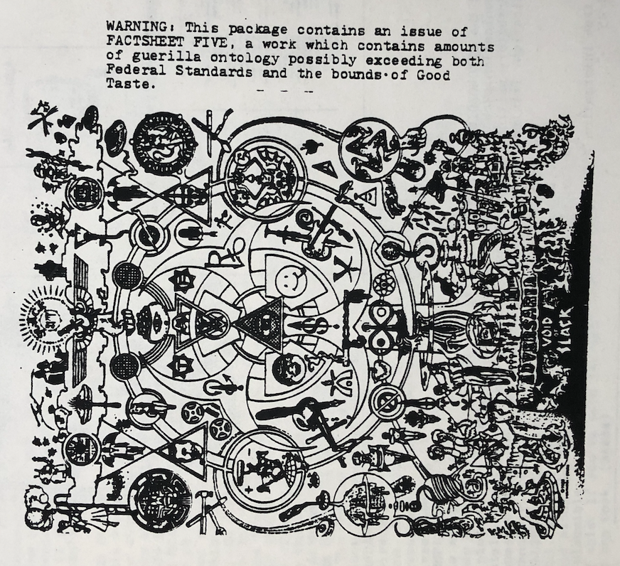 F5_archive's tweet photo. Sorry it's been a while since we've posted. Returning soon with more about the guerrilla ontology of #FactsheetFive. This is an image from the back cover of Issue 7, published in the summer of 1983, when F5 began to expand to 40+ page. https://t.co/rjQgWyGz5L