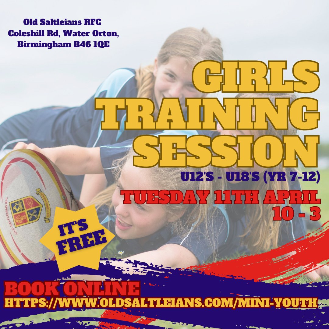 👉 Book your FREE place on our Training Day - Open to ALL girls in Year 7- 12 

🏉 A jam packed day full of skills, drills and games - build your knowledge and confidence. 

📅 Tuesday 11th April 
🕙 10 - 3 

#girlsrugby #thisgirlcan   #localclub #teenlife #rugbygirls #oldsalts