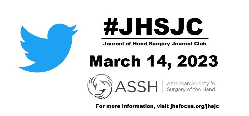 JHandSurg's tweet photo. March's #JHSJC is TONIGHT @ 9pm ET!
Join us to discuss 1) optimizing ORs by moving common #HandSurgeries into office settings & 2) #preop factors affecting midterm #PatientReportedOutcomes after #LRTI
Info: https://t.co/SOZ8a61PTV
#cost #WALANT #HandSurgery #PROMIS #QuickDASH https://t.co/rjyPIBHLqM