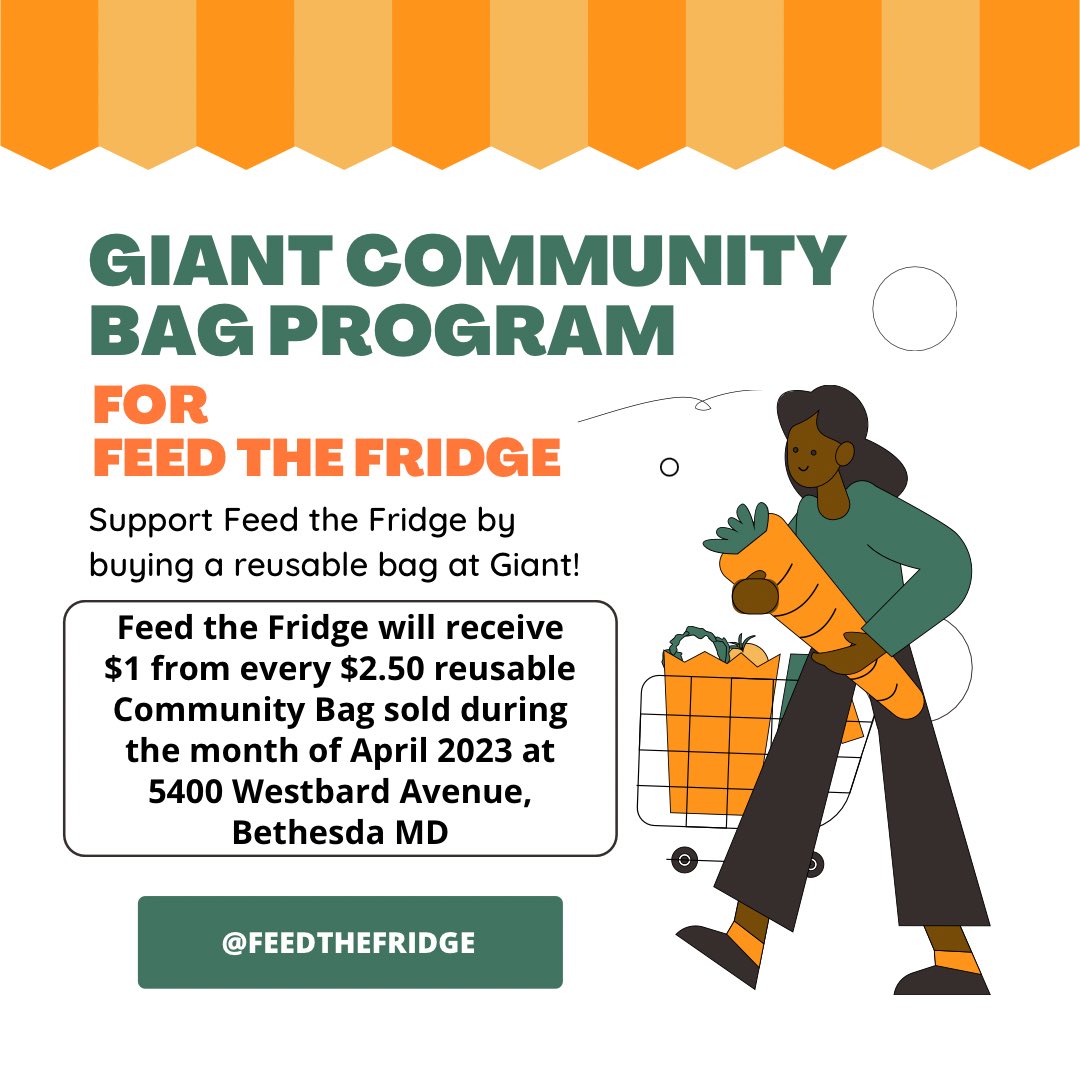 ATTENTION GIANT SHOPPERS! For the month of April, Feed the Fridge will receive $1 for every community bag sold at Giant on Westbard Avenue in Bethesda. This is a fantastic way to support Feed the Fridge and the environment. 

#socialimpact #giantfood #moco