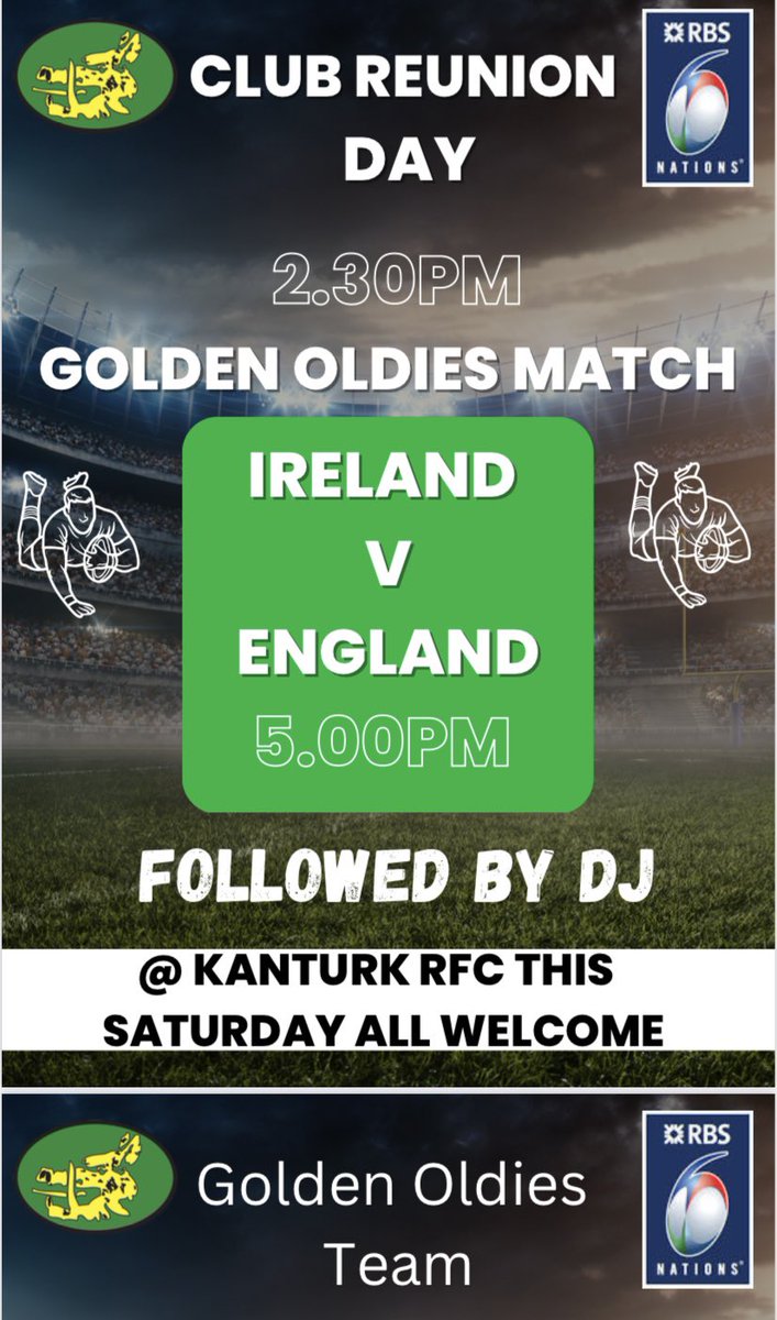kanturkrugby's tweet photo. Really looking forward to seeing everyone this Saturday for our club reunion day!

💚 Golden oldies match      2.30pm ✔️
💚 Ireland v England Live.   5.00pm ✔️
💚 Finger food &amp; Live DJ.    7pm ✔️

Bar is open all day to the public we would love for you to join us 🏉🏉🏉🏉🏉 https://t.co/qBhdLeqgvy