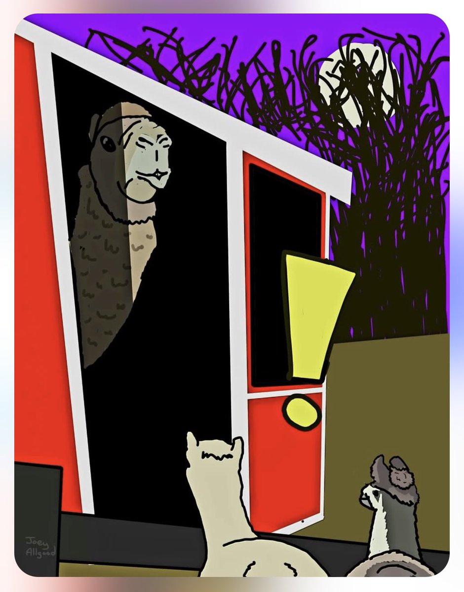 mjp3md's tweet photo. @ItsEmilyKaty I really love him. I commissioned a cartoon illustrating the time I took some of my alpacas over to meet him. (Aladdin is 8 ft+ and towered over them.) 

Credit to @realweirdart for the masterpiece https://t.co/g31ex3BqE6