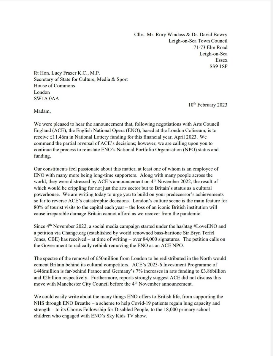 RoryWindass's tweet photo. In February I wrote jointly with my colleague Cllr. Dr. David Bowry from @LeighTCEvents to the Department and Shadow Department for Culture, Media &amp; Sport about the situation regarding @E_N_O. (1)
#LoveENO #music #opera #London #politics https://t.co/Wl3hKORcSW