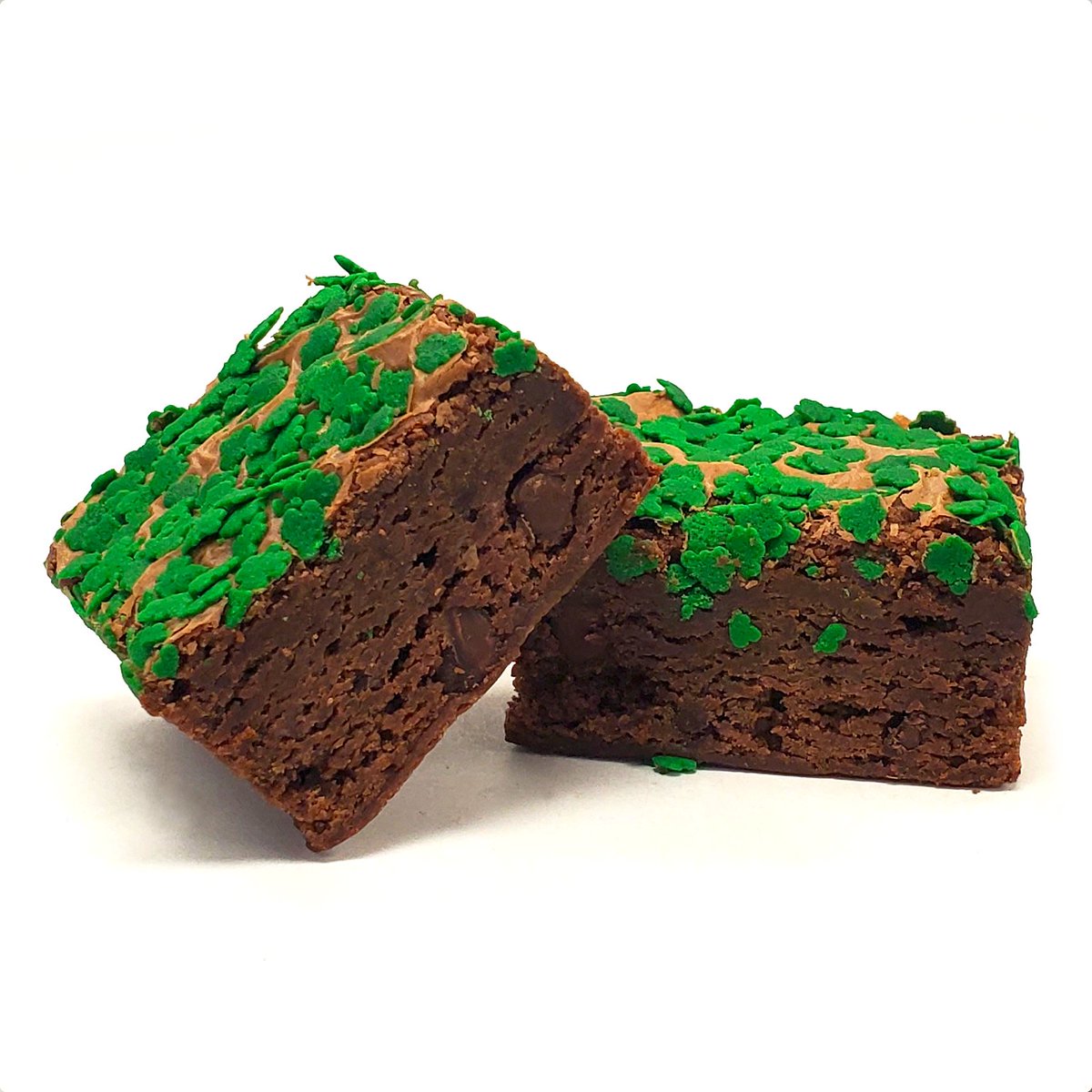 Celebrate St. Patrick's Day with this Fudgy Chocolate Brownie, bursting with chocolate chips and topped with lucky Shamrocks! ☘️

Available NOW - St. Patrick’s Day! 🌈