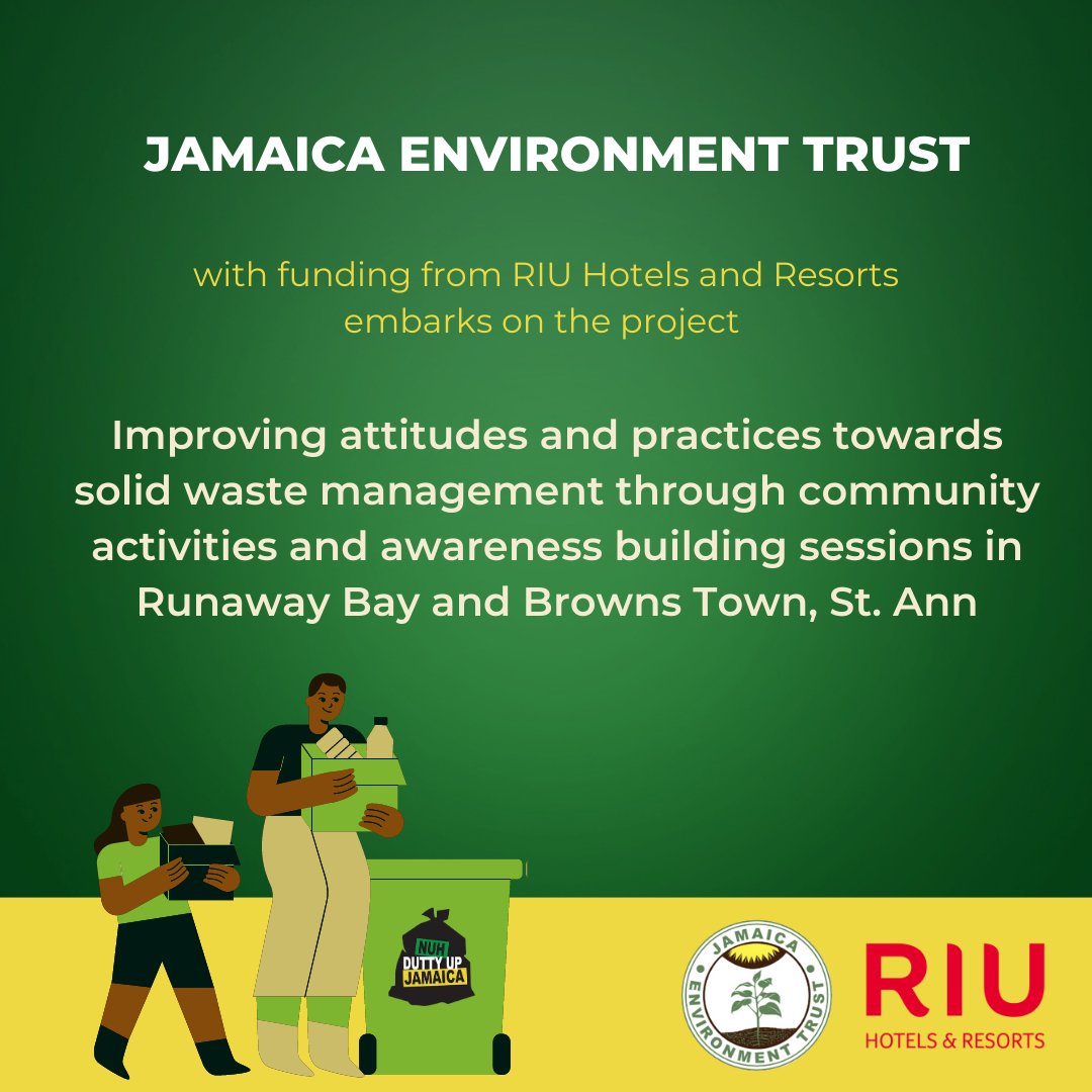 nuhduttyupja's tweet photo. JET is pleased to announce it will embark on a new project supported by @RiuHoteles to improve waste management in the communities of Runaway Bay and Brown's Town, St. Ann.
#NuhDuttyUpJamaica #KeepWiIslandClean https://t.co/o67YOd3Ts3