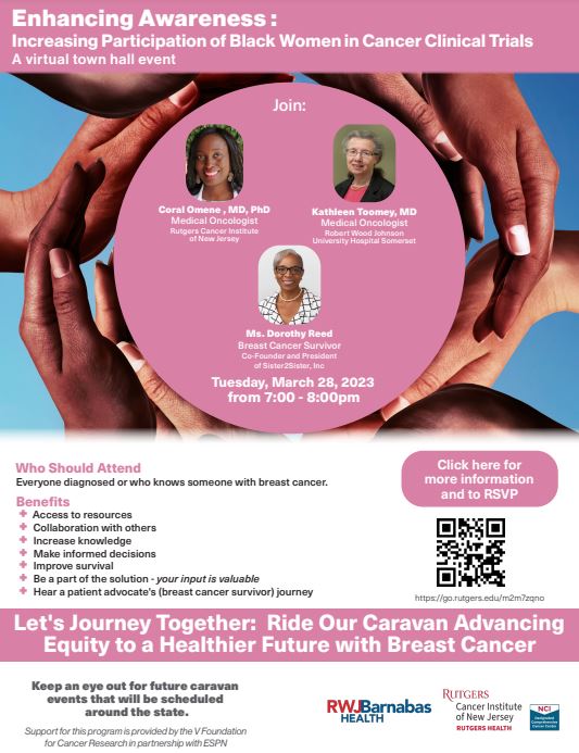 Rutgers Cancer Institute (@rutgerscancer) on Twitter photo Join us for a virtual town hall about increasing participation of Black women in #breastcancer #ClinicalTrials, led by <a href="/RutgersCancer/">Rutgers Cancer Institute</a>'s Dr. Coral Omene.
Register:
rutgers.zoom.us/meeting/regist…
<a href="/RWJBarnabas/">RWJBarnabas</a> @RutgersCINJCOE <a href="/TheVFoundation/">The V Foundation for Cancer Research</a> <a href="/espn/">ESPN</a> Join us for a virtual town hall about increasing participation of Black women in #breastcancer #ClinicalTrials, led by <a href="/RutgersCancer/">Rutgers Cancer Institute</a>'s Dr. Coral Omene.
Register:
rutgers.zoom.us/meeting/regist…
<a href="/RWJBarnabas/">RWJBarnabas</a> @RutgersCINJCOE <a href="/TheVFoundation/">The V Foundation for Cancer Research</a> <a href="/espn/">ESPN</a>