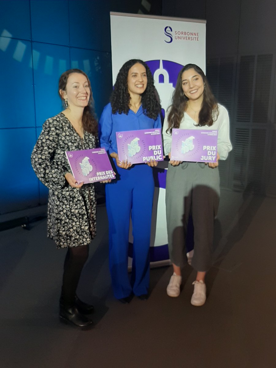 🥁Et les gagnantes de la finale #MT180 <a href="/Sorbonne_Univ_/">Sorbonne Université</a> sont :
- Rebecca Churamani (prix du jury)
- Lina Sami (prix du public)
- Clémence Bouvier (prix des internautes)
Toutes nos félicitations ! 🎉

Et bravo à nos doctorantes et doctorants pour leur leur prestation !👏