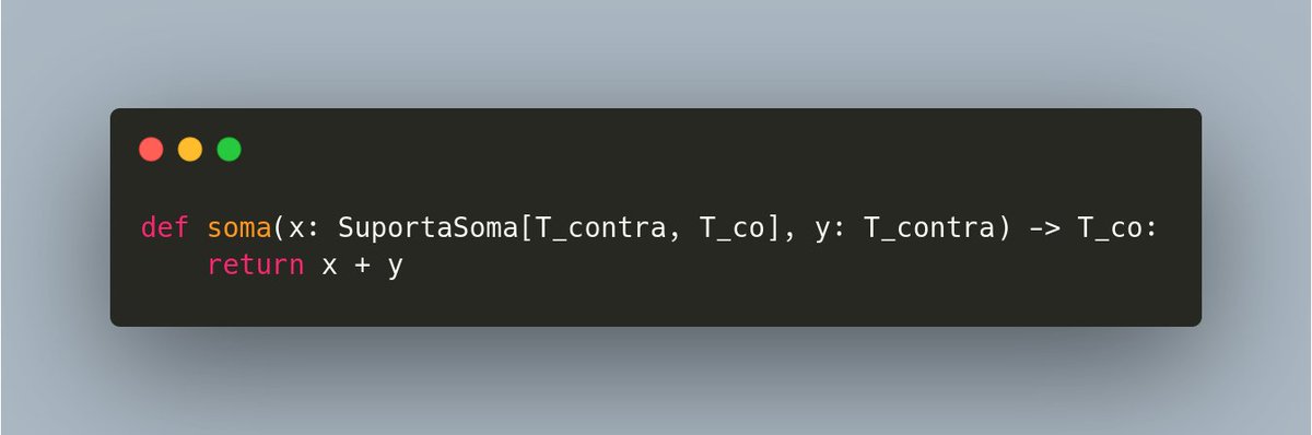 ruancomelli's tweet photo. @dunossauro Agora, se você utilizar `SuportaSoma` diretamente nas anotações de `soma`, o MyPy fica feliz em todos os exemplos, e de brinde o tipo de retorno fica certinho: https://t.co/zCh4xQG8PD