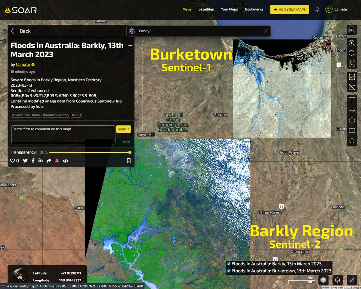 🚨#Flooded areas in #Australia now 🐊🐊
🗺️Mapped at @Soar_Earth , click &amp; zoom in:
A)Burketown, NW coast of Queensland
➡️soar.earth/maps/14569
B)Barkly Region, Northern Territory
➡️soar.earth/maps/14568
🛰️Sentinel-1&amp;2 <a href="/CopernicusEU/">Copernicus EU</a> <a href="/sentinel_hub/">Sentinel Hub</a> #Flood #SAR