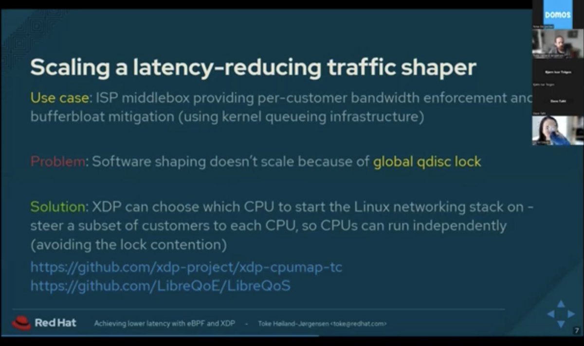 “Achieving lower #latency with
#eBPF and #XDP” by @toke_dk (@RedHat) at the #UnderstandingLatency webinar series by @domoslabs 

Watch: m.youtube.com/watch?v=tAVwmU…

#bufferbloat #Linux #kernel #LibreQoS #ISP #WISP #InternetServiceProvider