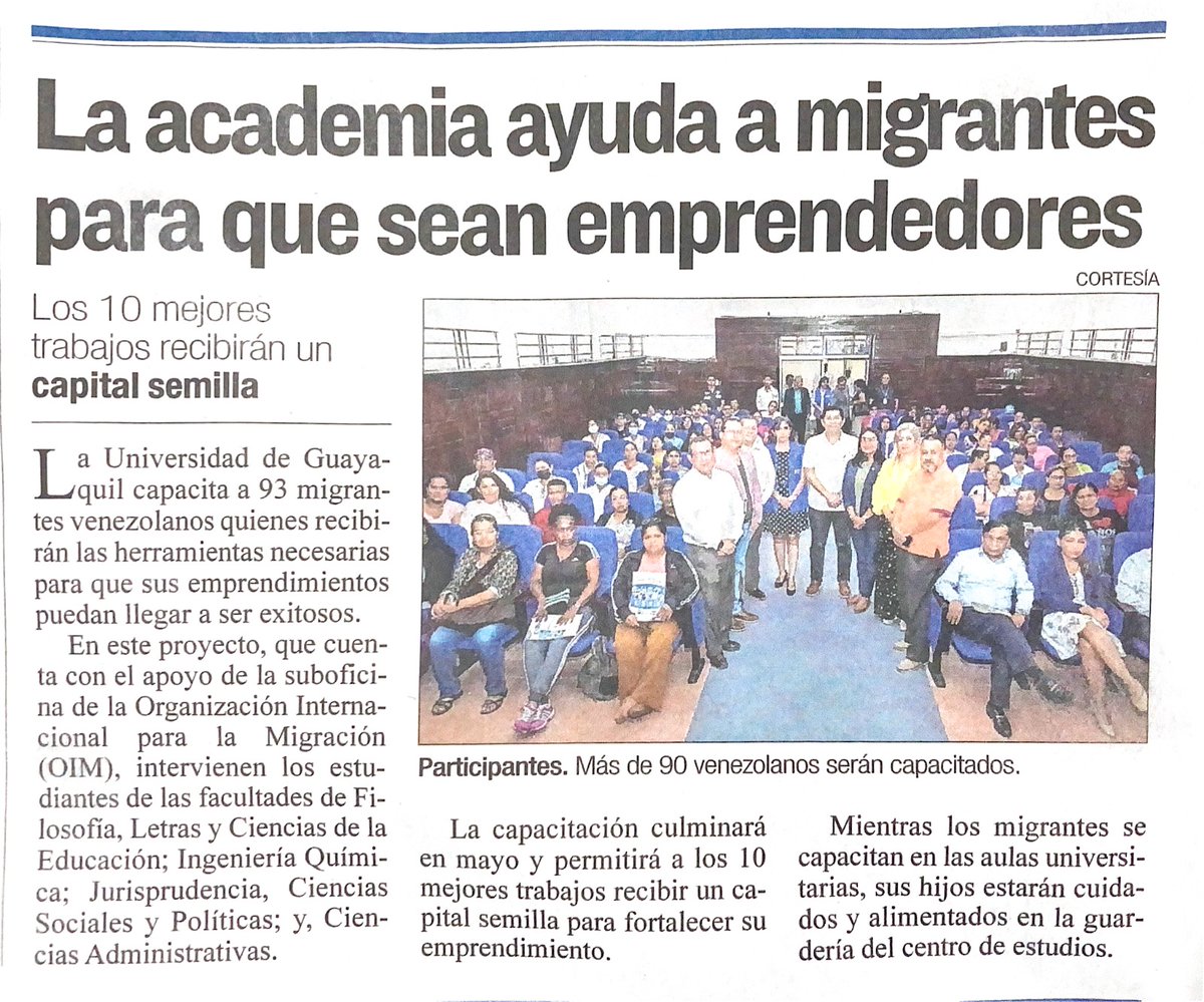EcWalterCaiced3's tweet photo. Gracias a la Universidad de Guayaquil, la Organización Internacional Migración OIM, Citi Foundation, UG-EP, por permitir ejecutar el Proyecto de Vinculación que brinda capacitaciones dirigidas a migrantes venezolanos, con el fin de que puedan ser aplicadas en sus emprendimientos https://t.co/EuQ578rbqw