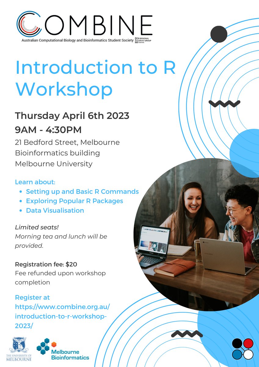 💻Register now for our upcoming Introduction to R Workshop delivered in person in Melbourne on April 6th 2023 (9AM – 4:30PM)
Learn about: setting up and Basic R Commands, Exploring Popular R Packages, Data Visualisation
👉Seats are limited! Register at combine.org.au/introduction-t…