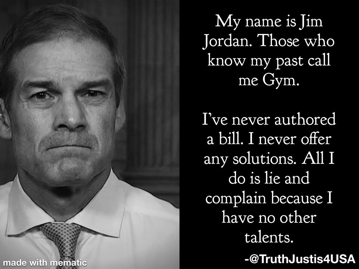 TruthJustis4USA's tweet photo. @Jim_Jordan Republicans refuse to address asylum laws, and then complain that asylum laws are letting too many people into the US.

Here’s a thought Gym, do something you’ve never done. Author legislation on how to fix our broken immigration system. https://t.co/kyWQjsEnDZ