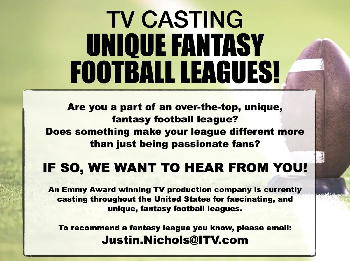 JustinJNichols's tweet photo. Anyone here know of hilarious, unique or totally outrageous fantasy football groups? We are casting a new project! #FantasyFootball #CASTING https://t.co/mOIbzCG3Pw