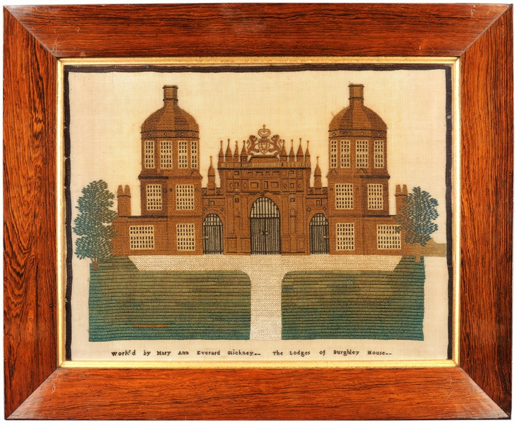 Witney_Antiques's tweet image. Mary Ann Everard worked her beautiful sampler at Stickney School in Lincolnshire, one of several extant samplers from the school. She depicted the lodges of Burghley House. Mary Ann Everard may have married Thomas Taylor in Stickney on 6 November 1828