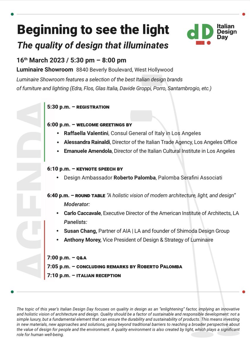 ItalyinLA's tweet photo. Feeling down with cold, rainy days? Let quality design light up your mood! 💡 Join us for a very special celebration of the Italian Design Day at #Luminaire showroom on March the 16th with Design Ambassador #RobertoPalomba and distinguished panelists! https://t.co/1NLiNgNWst