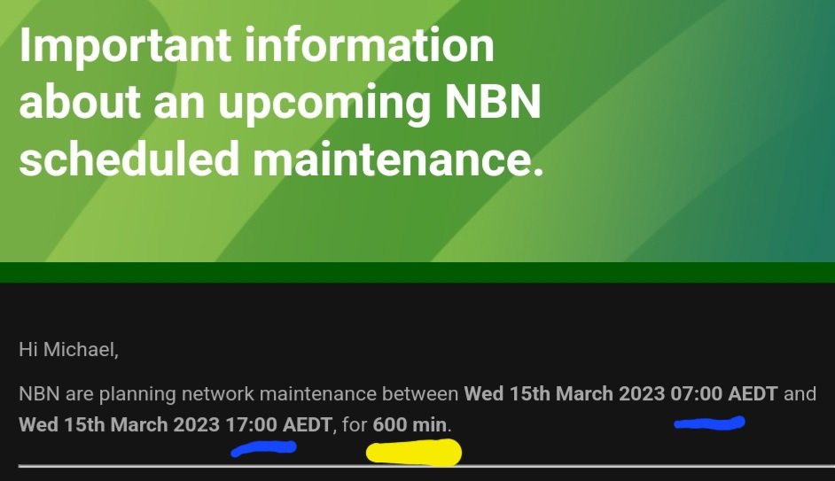 10 hours of 'scheduled maintenance' on a weekday. Australia's information superhighway: $60B spent and it is still scared of getting wet. @NBN_Australia