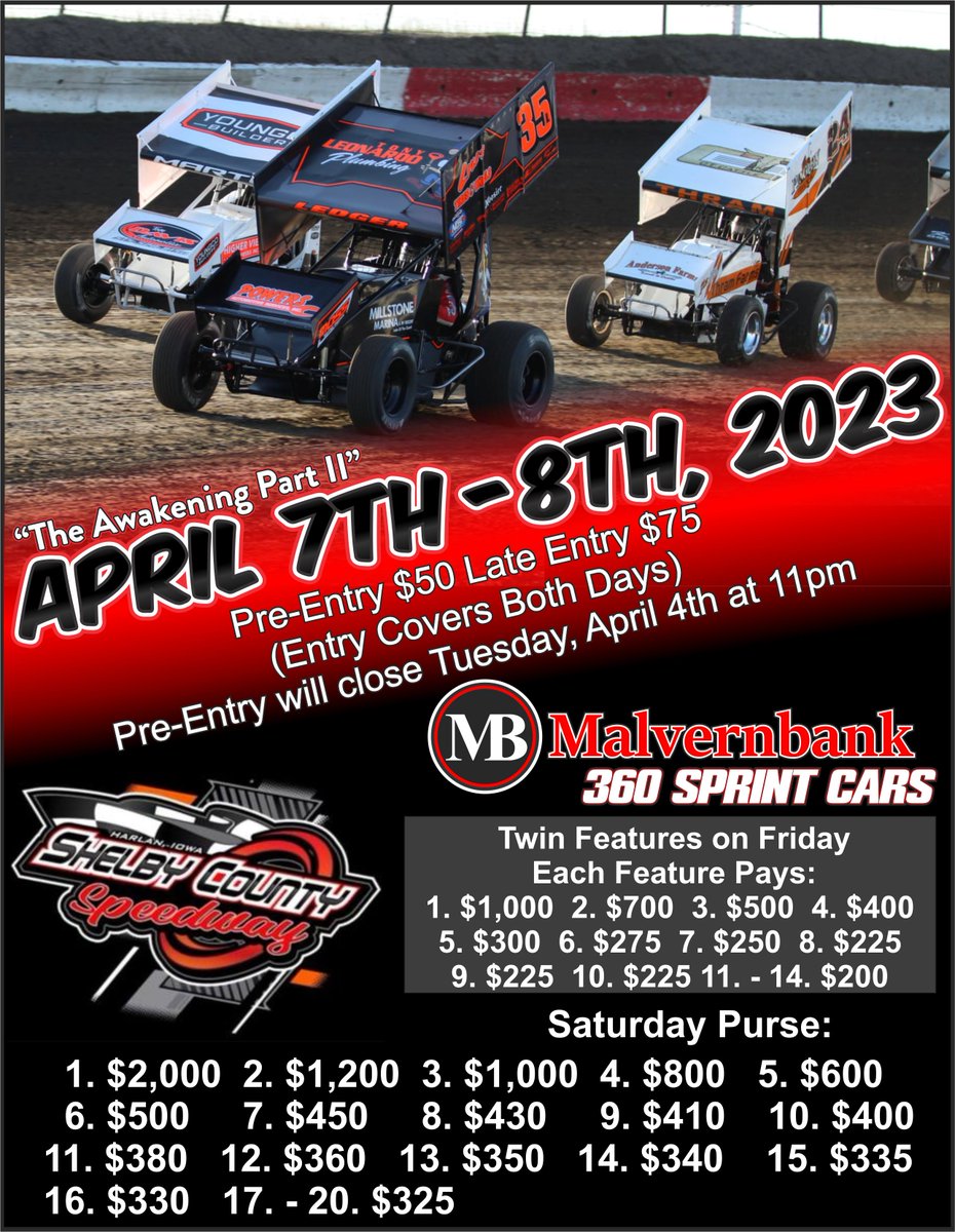 Mb360Sprints's tweet photo. The MB 360 Sprint Series will now be running a 2-day show at Shelby County Speedway! On Fri, Apr 7th the MB 360's will be running twin features! (drivers will only run 1 of the 2 features). Then a full show Sat, Apr 8th. Be sure to pre-register at https://t.co/JDnsBW5zWr. https://t.co/hO95MXmBkO