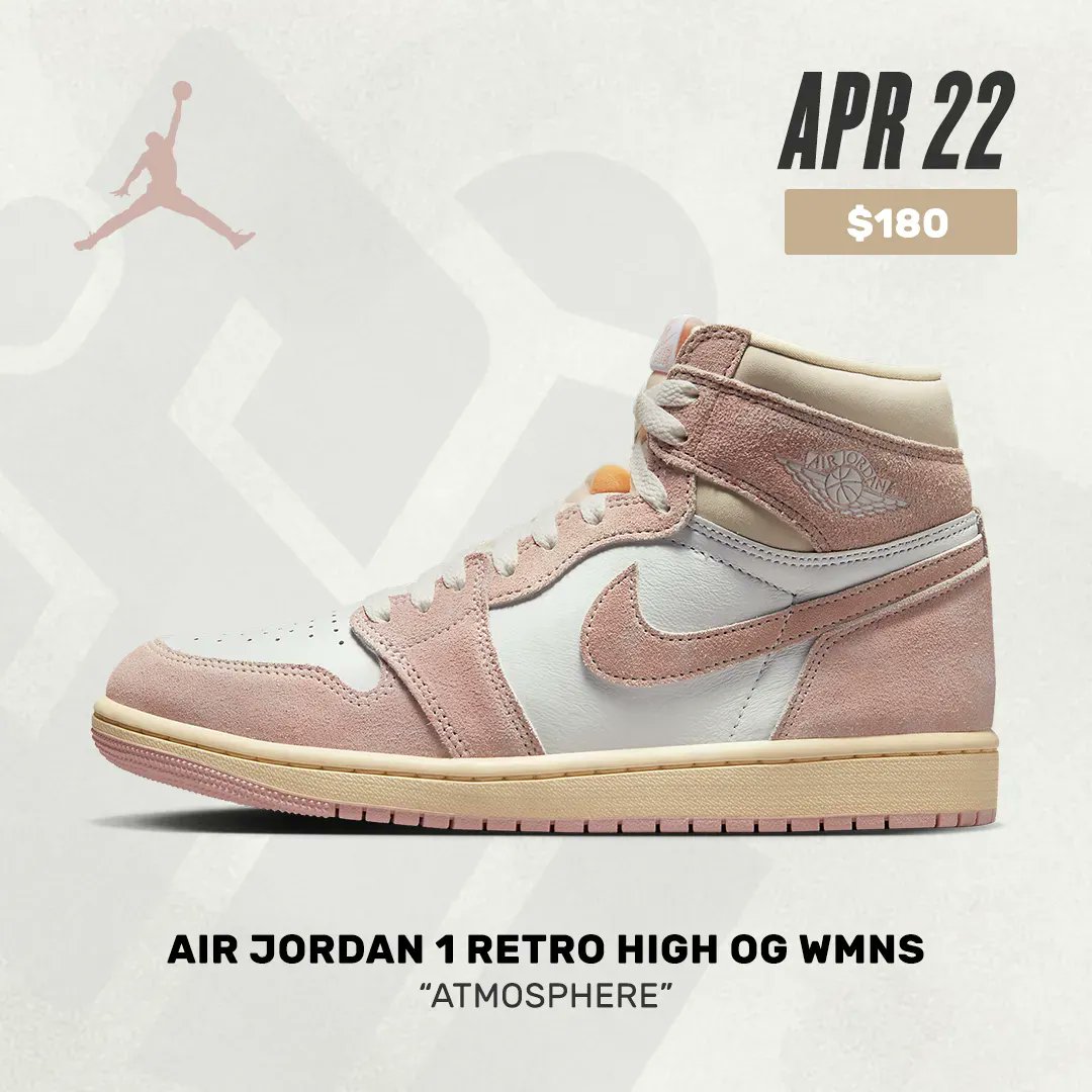 SneakerNews's tweet photo. Air Jordan 1 "Atmosphere" dropping in women's, PS, TD sizes on 4/22 🌸 https://t.co/4u8zOtSOBm