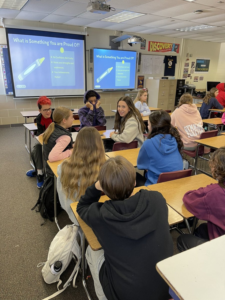 TPadilla22's tweet photo. The Laker Leaders crew is back at it again with visits to our 8th graders to discuss Confidence! HOMS today, TOMS on Thursday, then the 5th graders next week! Great leadership from @plhsglax, @GymnasticsLake, @PLSpeech, and many more! @PLLakers @DrBezek @SupePLSAS @isd719 https://t.co/WJKFwjB7DE