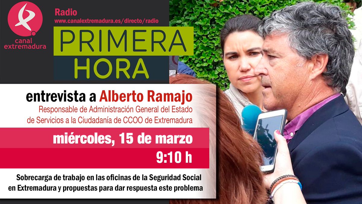 ccoo_ext's tweet image. 🎙 Entrevista a Alberto Ramajo, responsable de Administración General del Estado de @FSC_CCOO_Ext , en el programa @primerahoraCEX de @cextremadura 

📻 Escucha la entrevista aquí:
canalextremadura.es/index.php/dire…

📆 Este miércoles, 15 de marzo
⏱ 9:10 horas