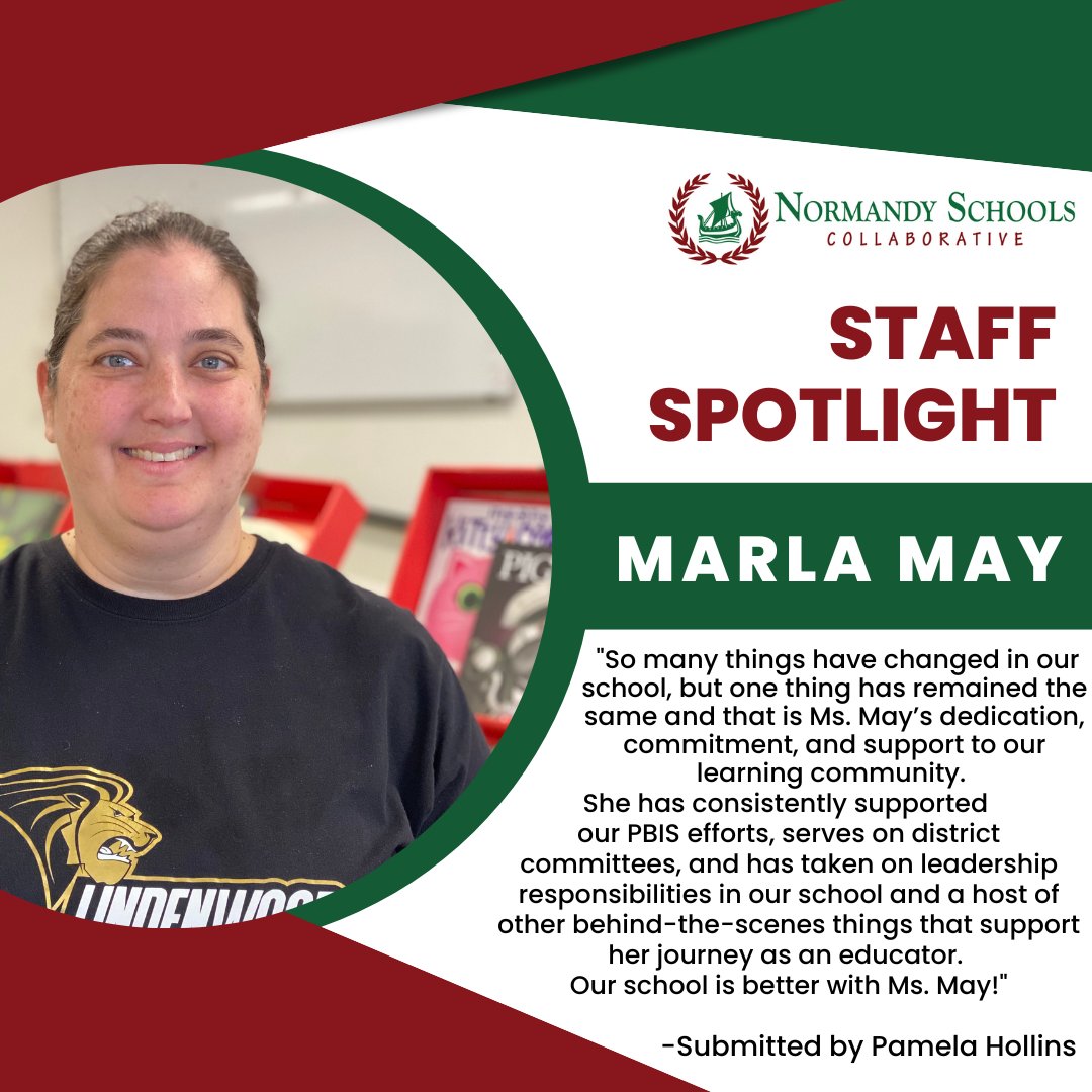 It’s #TeacherProudTuesday, and we’re celebrating Ms. Marla May, Washington School teacher and Staff Spotlight recipient! Congratulations, Ms. May! #teacherproud #NormandyStrong