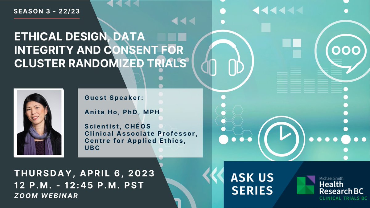 We are excited to host a webinar about Cluster Randomized Trials (CRTs) with @AnitaHoEthics! Join us to learn more about why we do CRTs, consent and data collection methods, and considerations for study design. bit.ly/3FqvZ6Z
#clinicaltrials