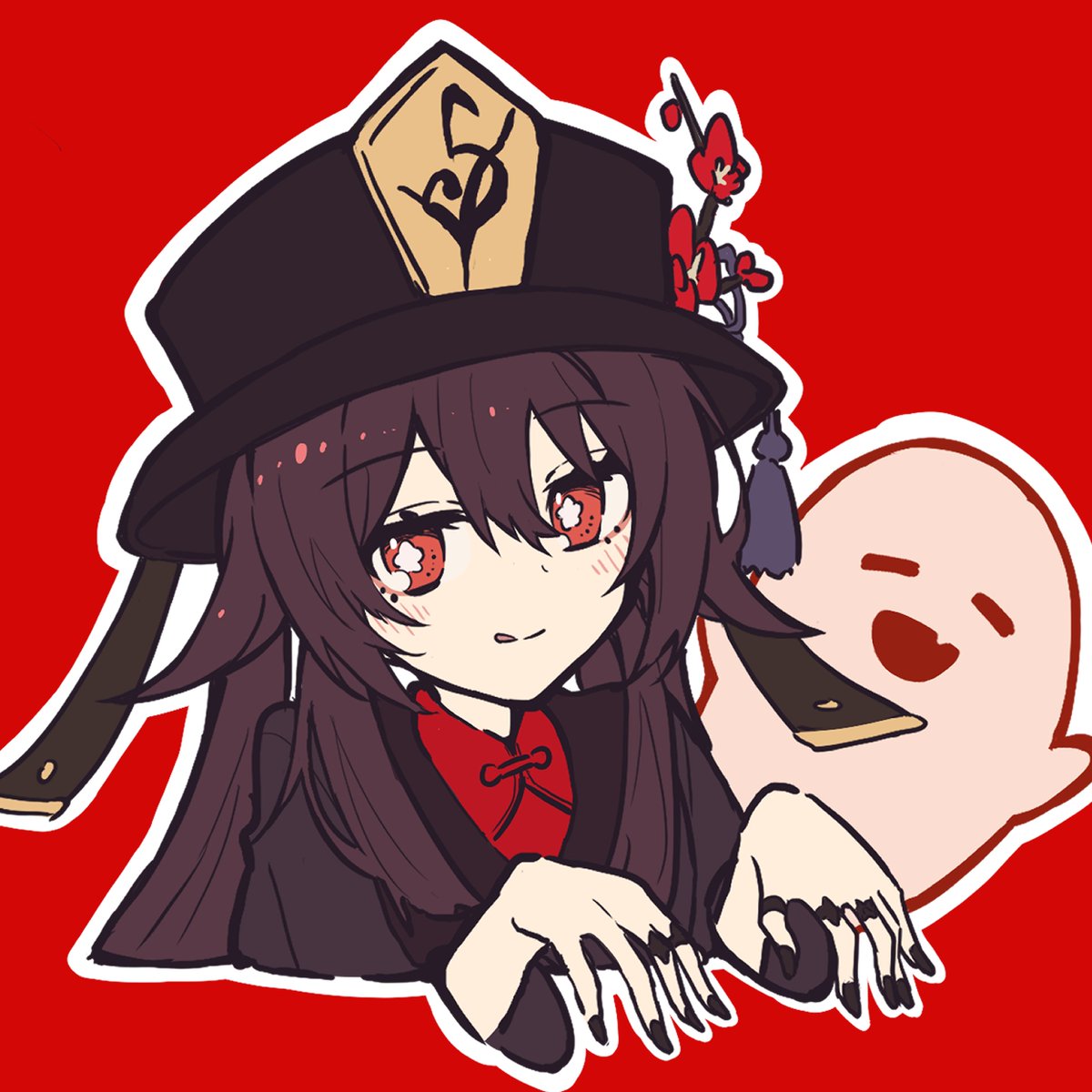 hu tao (genshin impact) 1girl hat ghost red background red eyes black nails tongue out  illustration images