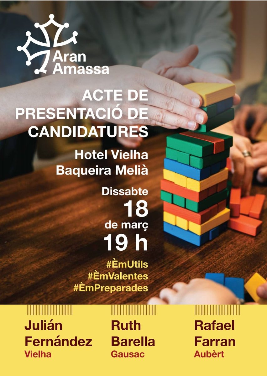Aquest dissabte, presentació de les candidatures d'<a href="/AmassaAran/">Aran Amassa</a> a Vielha, Gausac i Betren 
Perquè hi ha alternativa, perquè hi ha altres maneres de fer municipalisme
#SomÚtils
#SomValentes
#EscrivimElFutur